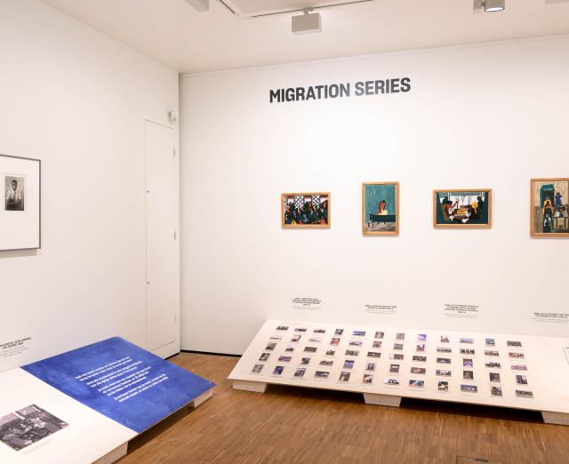 Four panels from Jacob Lawrence's Migration Series on view at the Kunsthal Kade